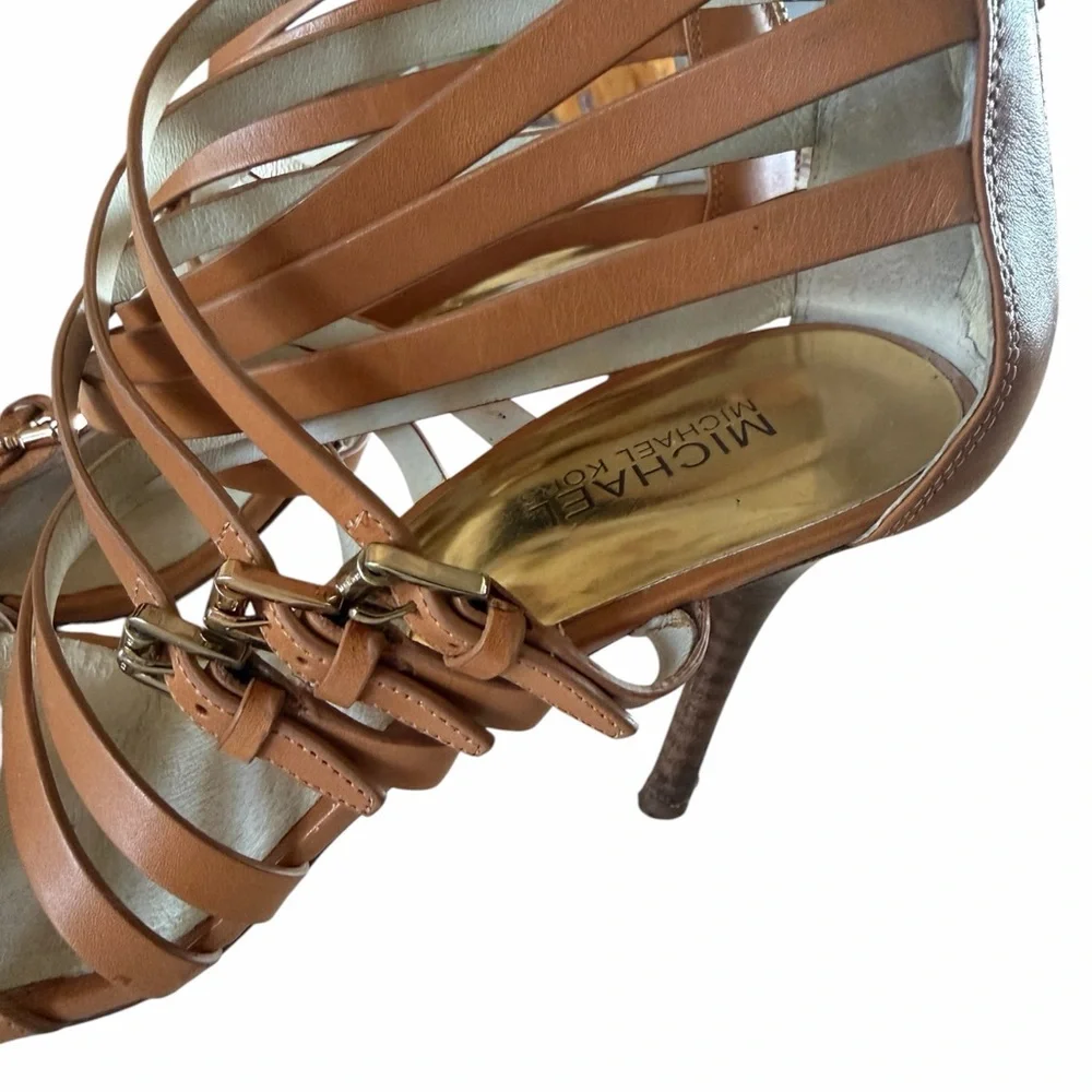 Michael Kors Brown Leather Strappy Stiletto Heels Sandals Size 10 Buckle Zip